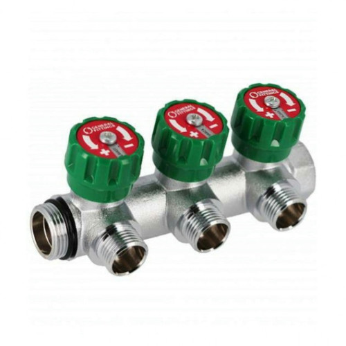 Коллектор Hoobs 3/4"x3x3/4"EK латунный хром. с вентилями 3 выхода, зеленая ручка 03102H Коллектор Hoobs 3/4"x3x3/4"EK латунный хром. с вентилями 3 выхода, зеленая ручка 03102H