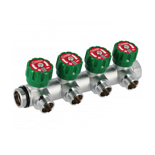 Коллектор Hoobs 3/4"x4x3/4"EK латунный хром. с вентилями 4 выхода, зеленая ручка 03103H
