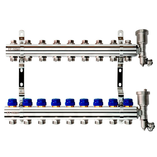 Коллекторная группа FHF-R на 9 выходов, с воздухоотводчиками, с кронштейнами, Ридан 088U0709R