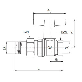 Кран шаровый с американкой Oventrop Optibal 1" НР/BР c высокой Т-ручкой (арт.1075708)