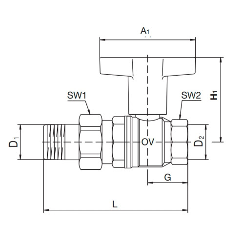 Кран шаровый с американкой Oventrop Optibal 1"1/4 НР/BР c высокой Т-ручкой (арт.1075710)