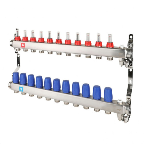 Коллектор с расходомерами дренажным краном и воздухоотводчиком MVI 1"х3/4"ЕК 11 выходов
