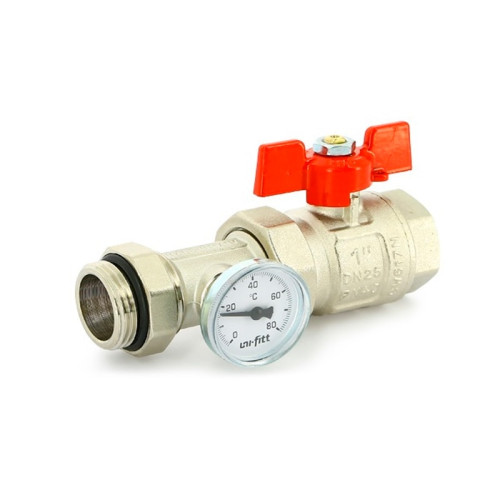 Кран шаровой Uni-Fitt 1" с термометром ручка-бабочка (арт.118T4000) Кран шаровой Uni-Fitt 1" с термометром ручка-бабочка (арт.118T4000)