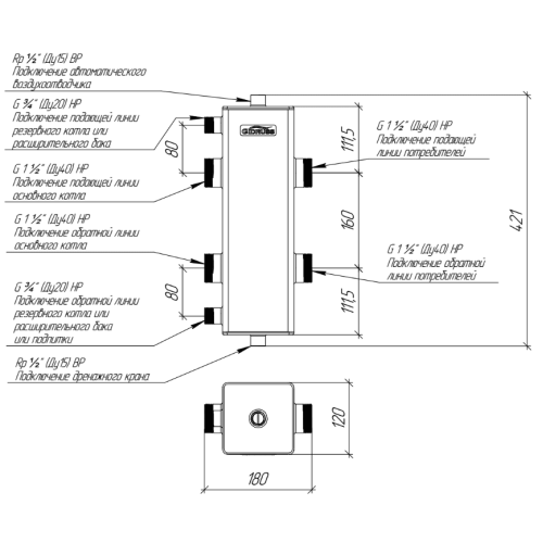 Гидрострелка Gidruss GRSS-150-40 до 150 кВт 1 1/2" нержавеющая сталь Гидрострелка Gidruss GRSS-150-40 до 150 кВт 1 1/2" нержавеющая сталь