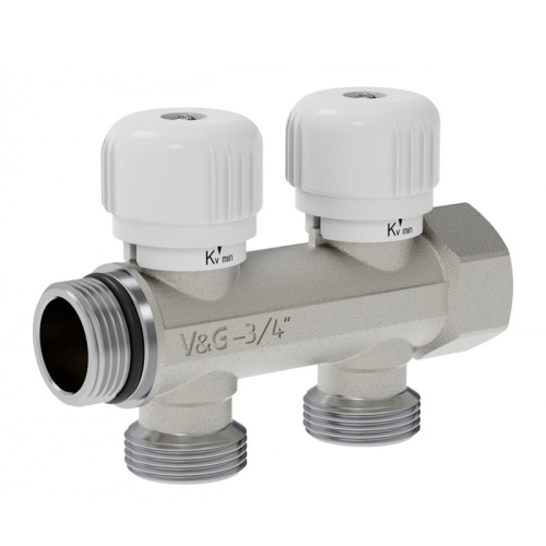 Коллектор распределительный с вентильной регулировкой V&G Valogin 3/4"х3/4" на 2 выхода Коллектор распределительный с вентильной регулировкой V&G Valogin 3/4"х3/4" на 2 выхода