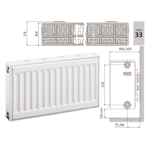 Радиатор стальной панельный Prado Classic Тип 33 (300x2600 мм) Радиатор стальной панельный Prado Classic Тип 33 (300x2600 мм)