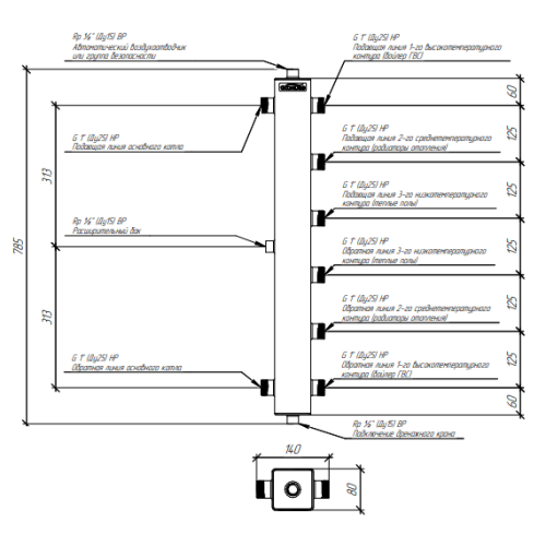 Термогидравлический разделитель нержавеющий Gidruss TGRSS-60-25х3 до 60 кВт 1" 3 контура