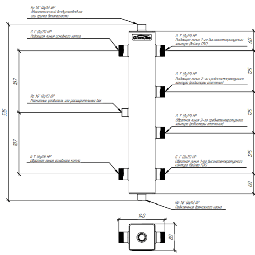 Термогидравлический разделитель нержавеющий Gidruss TGRSS-60-25х2 до 60 кВт 1" 2 контура
