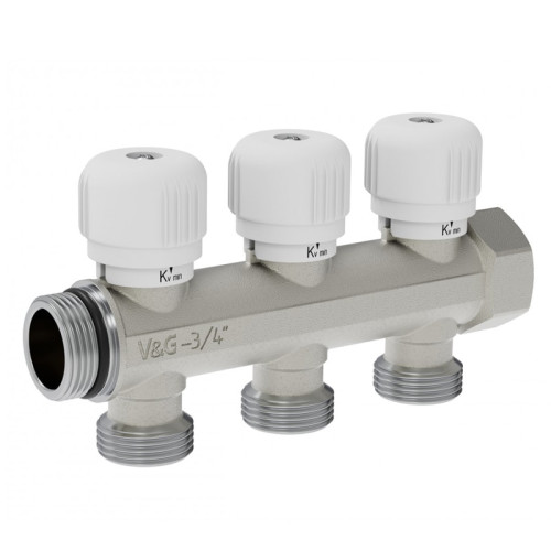 Коллектор распределительный с вентильной регулировкой V&G Valogin 3/4"х3/4" на 3 выхода Коллектор распределительный с вентильной регулировкой V&G Valogin 3/4"х3/4" на 3 выхода