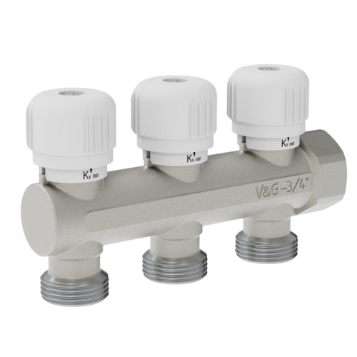 Коллектор тупиковый с вентильной регулировкой V&G Valogin 3/4"х3/4" на 3 выхода Коллектор тупиковый с вентильной регулировкой V&G Valogin 3/4"х3/4" на 3 выхода