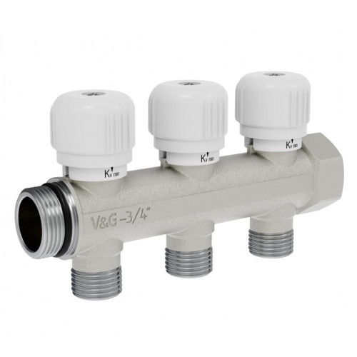 Коллектор распределительный с вентильной регулировкой V&G Valogin 1/2"х3/4" на 3 выхода
