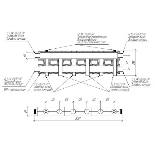 Коллектор нержавеющий модульный Gidruss MKSS-100-3 до 100 кВт 1 1/4" 4 контура Коллектор нержавеющий модульный Gidruss MKSS-100-3 до 100 кВт 1 1/4" 4 контура