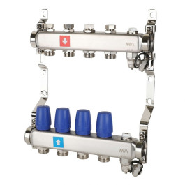 Коллектор без расходомеров с дренажным краном и воздухоотводчиком MVI 1"х3/4"ЕК 4 выхода