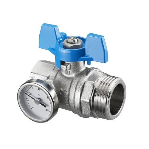 Шаровой кран Oventrop с плоским уплотнением Ду 20 3/4"BP x G1"HP с термометром (0–80 °C) с синей рукояткой арт. 1406583