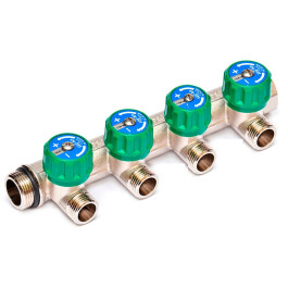 Коллектор латунный для воды Uni-Fitt 3/4"x1/2" 4 выхода плоское уплотнение (арт.411N3240)