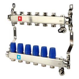 Коллектор без расходомеров с дренажным краном и воздухоотводчиком MVI 1"х3/4"ЕК 6 выходов