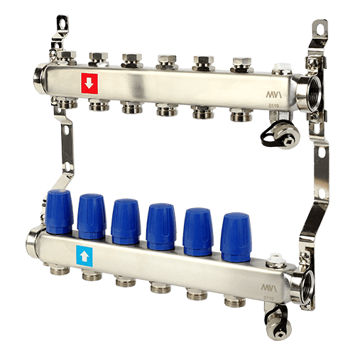 Коллектор без расходомеров с дренажным краном и воздухоотводчиком MVI 1"х3/4"ЕК 6 выходов Коллектор без расходомеров с дренажным краном и воздухоотводчиком MVI 1"х3/4"ЕК 6 выходов