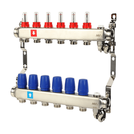 Коллектор с расходомерами дренажным краном и воздухоотводчиком MVI 1"х3/4"ЕК 6 выходов