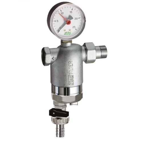 Фильтр промывной FAR 1/2" НР-ВР латунный 100 мкм 95°C с манометром Фильтр промывной FAR 1/2" НР-ВР латунный 100 мкм 95°C с манометром