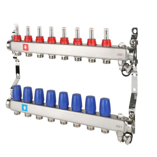 Коллектор с расходомерами дренажным краном и воздухоотводчиком MVI 1"х3/4"ЕК 8 выходов