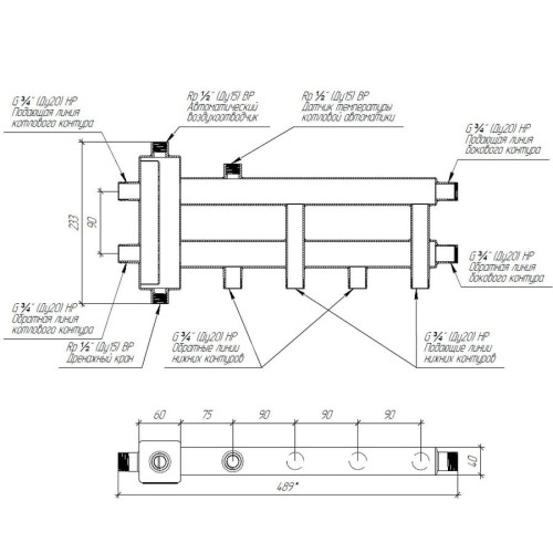 Коллектор нержавеющий Gidruss BMSS-40-3D до 40 кВт 3/4" 2-3 контура