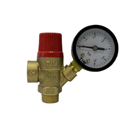 Мембранный предохранительный клапан с манометром (3 бар) TIM 1/2"х1/2" ВР/НР резьба Мембранный предохранительный клапан с манометром (3 бар) TIM 1/2"х1/2" ВР/НР резьба