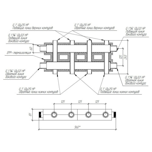 Коллектор модульный Gidruss MK-100-4DU.EPP до 100 кВт 1 1/4" 5 контуров EPP термоизоляция