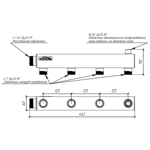 Коллектор распределительный нержавеющий Gidruss DMSS-32-25х4 1 1/4" 4 контура Коллектор распределительный нержавеющий Gidruss DMSS-32-25х4 1 1/4" 4 контура