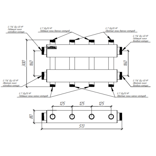 Коллектор нержавеющий модульный Gidruss MKSS-150-4DUх25 до 150 кВт 1 1/2" 5 контуров Коллектор нержавеющий модульный Gidruss MKSS-150-4DUх25 до 150 кВт 1 1/2" 5 контуров