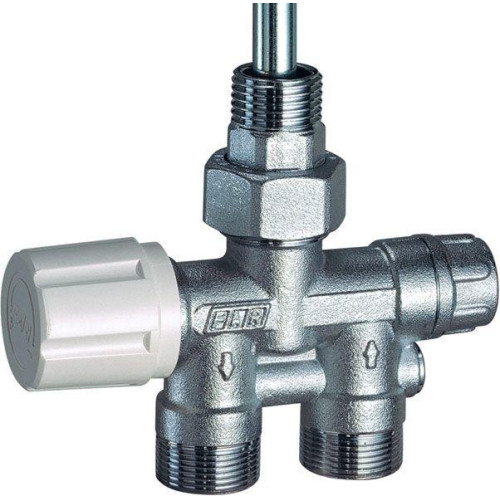 FAR Хромированный терморегулирующий прямой узел нижнего подключения для одно- и двухтрубных систем с центральным подключением к отопительному прибору. Снабжен зондом длиной 45 см и диаметром 10 мм. 1/2"