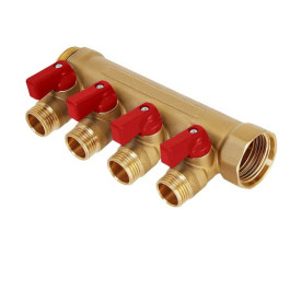 Коллектор Hoobs 3/4"х4х1/2"EK с шаровыми кранами, латунь, красная ручка HB-6200R6H0504R4A