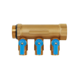 Коллектор Hoobs 1"х 3х1/2"E с шаровыми кранами, латунь, синяя ручка HB-6200R6H1004B3A