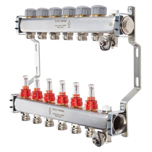 Коллектор нержавеющий Royal Thermo с расходомерами 4 выхода 1"-3/4" Коллектор нержавеющий Royal Thermo с расходомерами 4 выхода 1"-3/4"