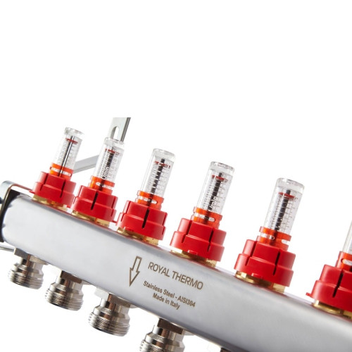 Коллектор нержавеющий Royal Thermo с расходомерами 4 выхода 1"-3/4" Коллектор нержавеющий Royal Thermo с расходомерами 4 выхода 1"-3/4"