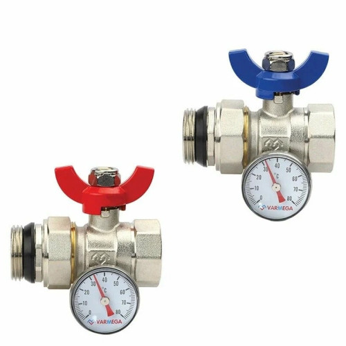 Комплект прямых шаровых кранов Varmega 1"х1" с разъемным соединением, с термометром