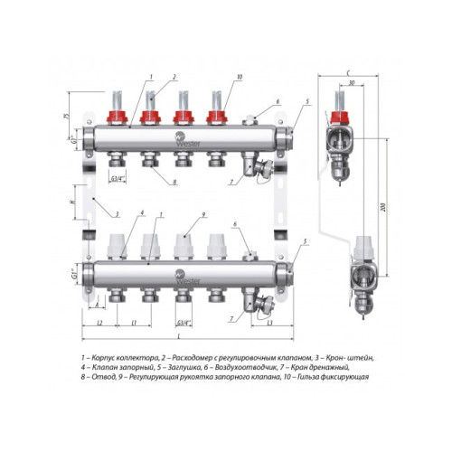Коллектор с расходомерами Wester W902 1"x3/4" 8 контуров