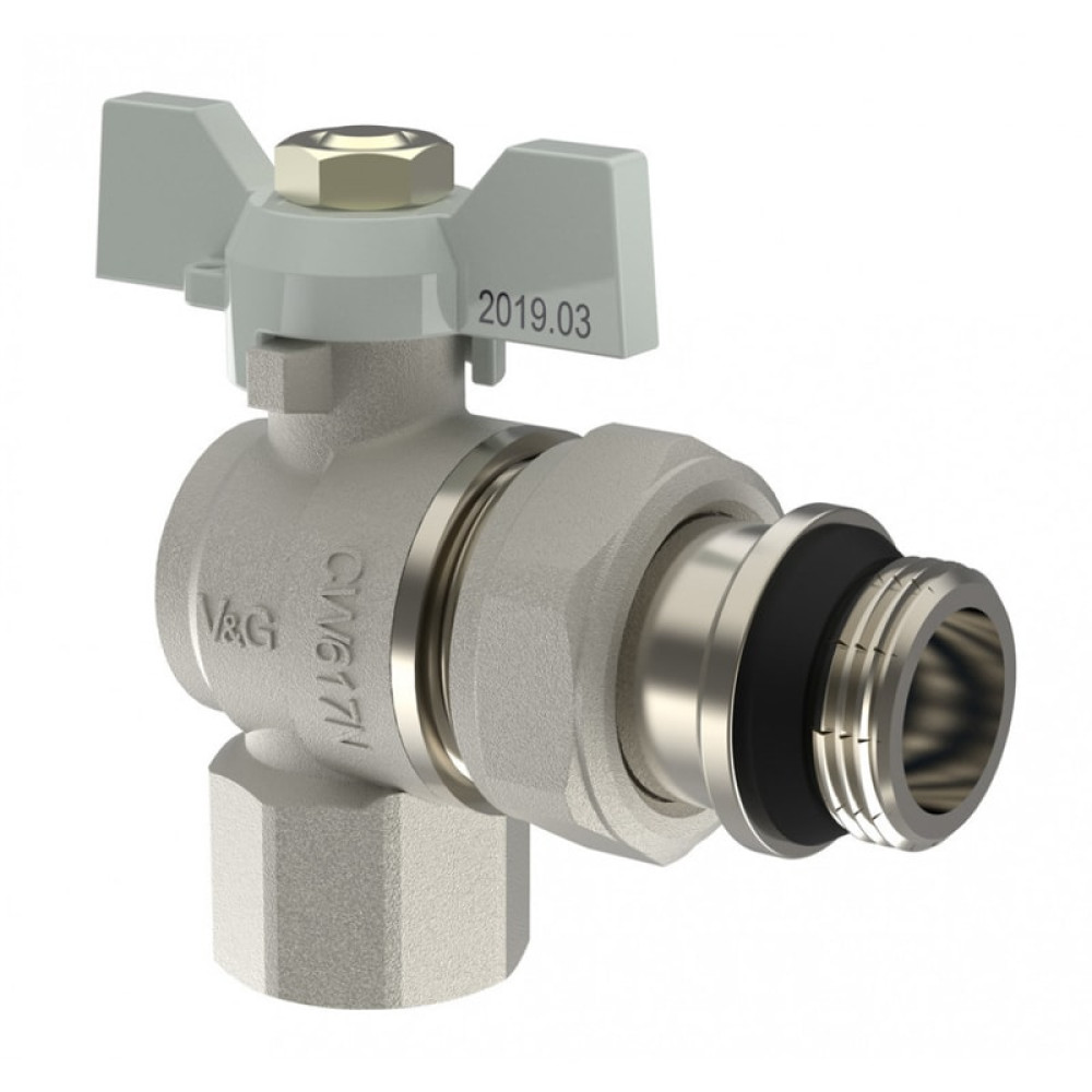 Кран шаровой угловой V&G Valogin 1/2" с полусгоном и уплотнительным кольцом ВР/НР резьба, ручка бабочка