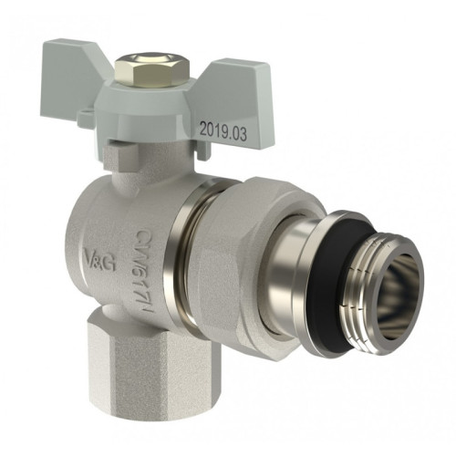 Кран шаровой угловой V&G Valogin 1/2" с полусгоном и уплотнительным кольцом ВР/НР резьба, ручка бабочка