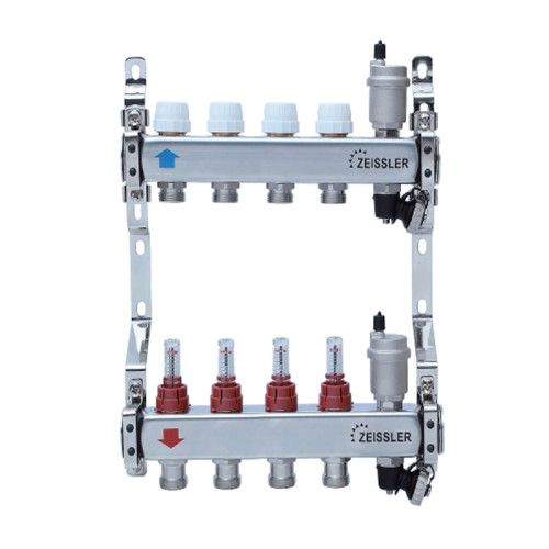 Коллектор Tim с расходомерами 2 выхода нерж. с термостатическими и дренажными клапанами (арт.ZSc.405.0602S)