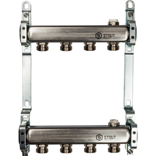 Коллектор из нержавеющей стали для радиаторной разводки на 4 выхода Stout Коллектор из нержавеющей стали для радиаторной разводки на 4 выхода Stout