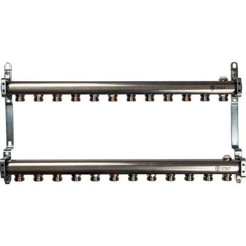 Коллектор из нержавеющей стали для радиаторной разводки на 12 выходов Stout Коллектор из нержавеющей стали для радиаторной разводки на 12 выходов Stout