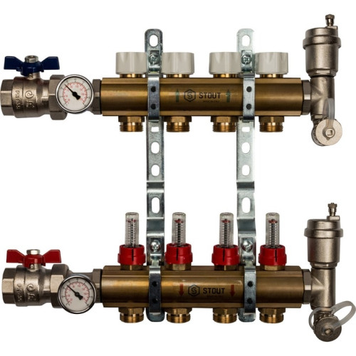 Коллектор из латуни с расходомерами на 4 выхода Stout SMB 0473 000004 Коллектор из латуни с расходомерами на 4 выхода Stout SMB 0473 000004