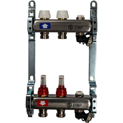 Коллектор из нержавеющей стали с расходомерами, с клапаном вып. воздуха и сливом 2 вых. Stout SMS-0927-000002