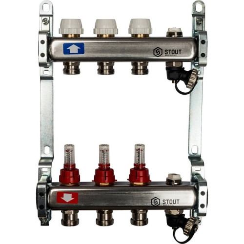 Коллектор из нержавеющей стали с расходомерами, с клапаном вып. воздуха и сливом 3 вых. Stout SMS-0927-000003 Коллектор из нержавеющей стали с расходомерами, с клапаном вып. воздуха и сливом 3 вых. Stout SMS-0927-000003