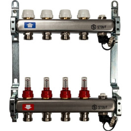Коллектор из нержавеющей стали с расходомерами, с клапаном вып. воздуха и сливом 4 вых. Stout SMS-0927-000004