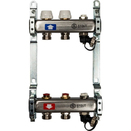 Коллектор из нержавеющей стали без расходомеров, с клапаном вып. воздуха и сливом 2 вых Stout SMS-0932-000002 Коллектор из нержавеющей стали без расходомеров, с клапаном вып. воздуха и сливом 2 вых Stout SMS-0932-000002