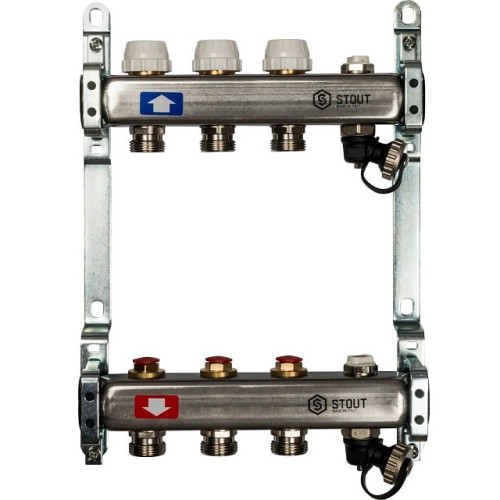 Коллектор из нержавеющей стали без расходомеров, с клапаном вып. воздуха и сливом 3 вых Stout SMS-0932-000003