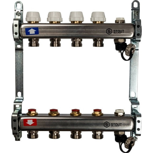 Коллектор из нержавеющей стали без расходомеров, с клапаном вып. воздуха и сливом 4 вых Stout SMS-0932-000004