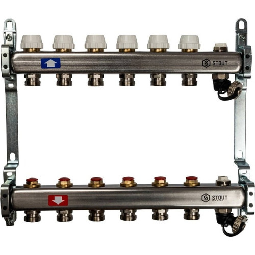 Коллектор из нержавеющей стали без расходомеров, с клапаном вып. воздуха и сливом 6 вых Stout SMS-0932-000006