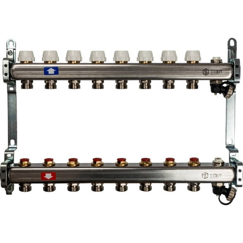Коллектор из нержавеющей стали без расходомеров, с клапаном вып. воздуха и сливом 8 вых Stout SMS-0932-000008